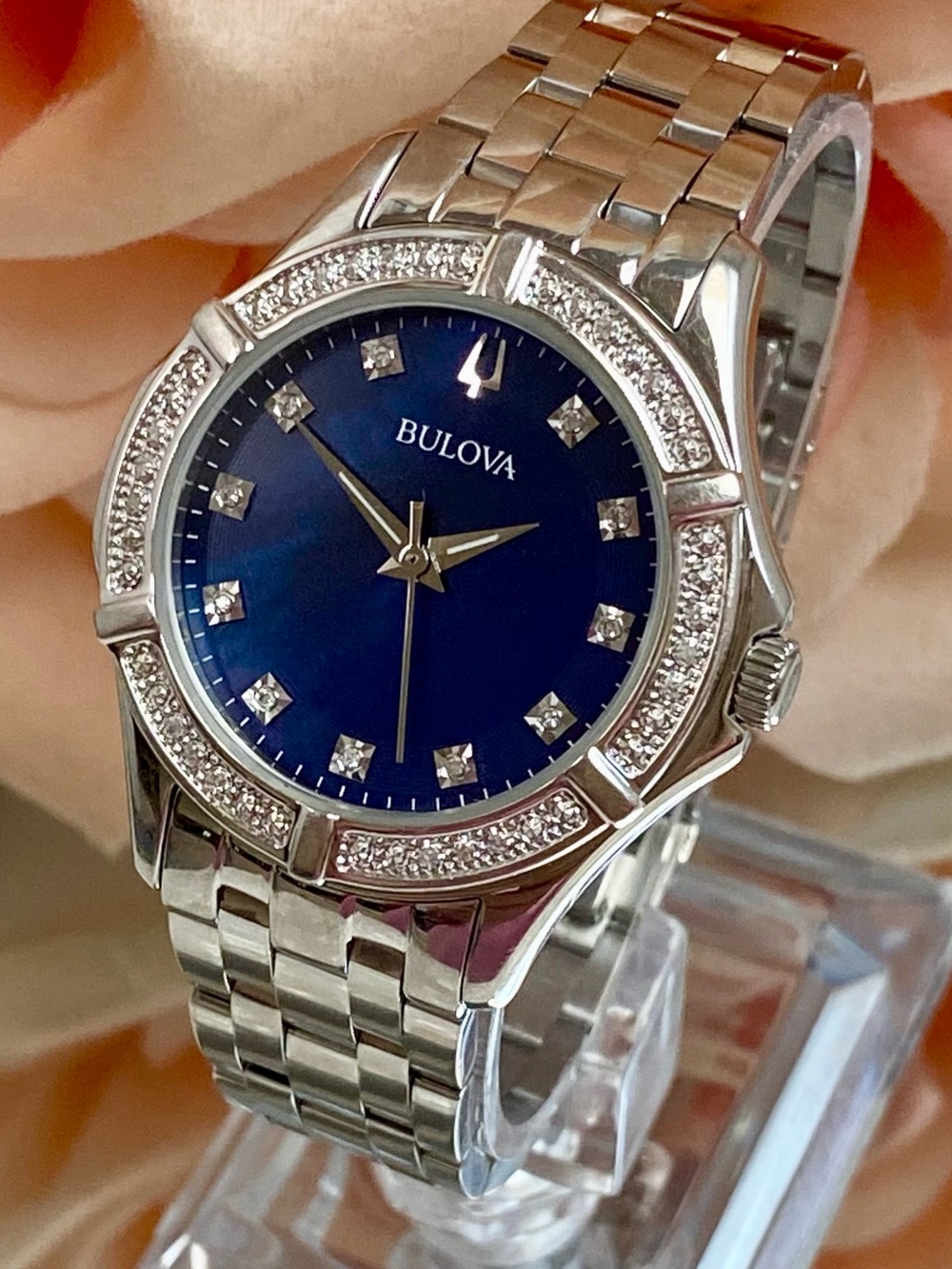 Bulova Diamond Accented Bezel & Dial Blue Mother of Pearl Dial Stainless Watch - Picture 3 of 16